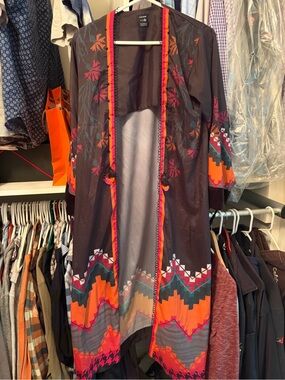 Boho Embroidered Open Front Duster Jacket - Black with Orange & Pink